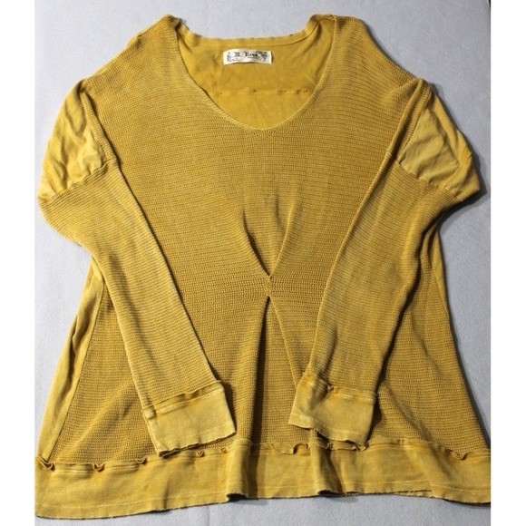 M. Rena Tops - M. Rena Waffle Knit Top Womens Large Yellow V-Neck Pleated Thermal‎ Boho S4945A